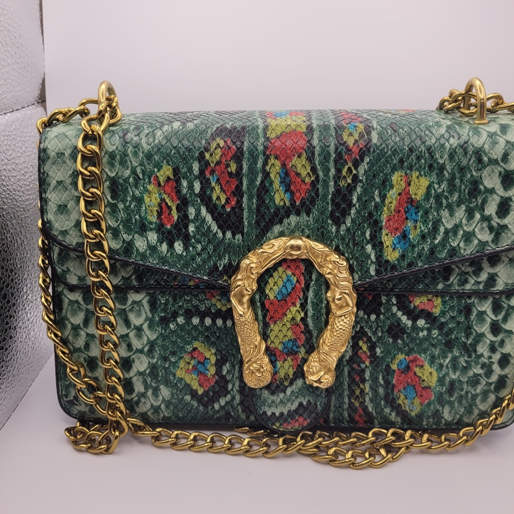 Luxury Green Patterned Handbag with Gold Chain